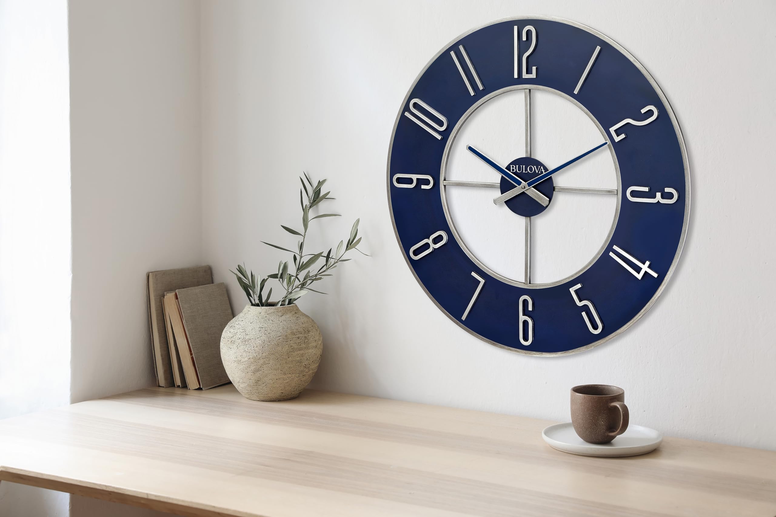 Bulova Blue Steel Oversize Wall Clock |Model C4809, 27" Diameter | Sleek Silver and Blue Finish | Contemporary Design | Battery Operated - Image 5