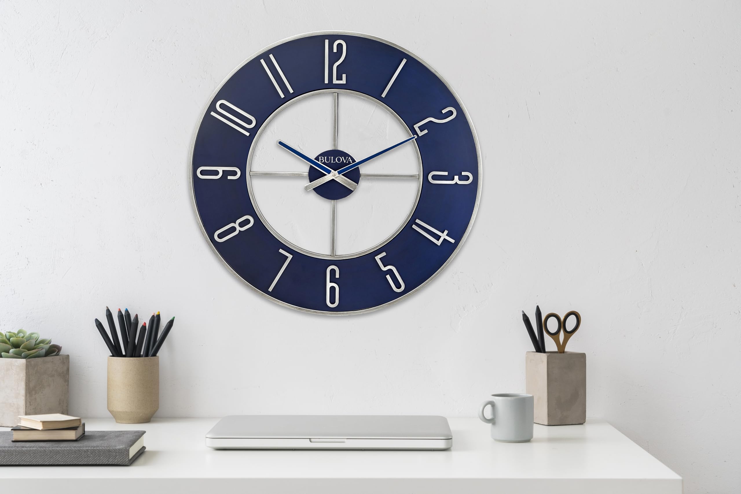 Bulova Blue Steel Oversize Wall Clock |Model C4809, 27" Diameter | Sleek Silver and Blue Finish | Contemporary Design | Battery Operated - Image 6
