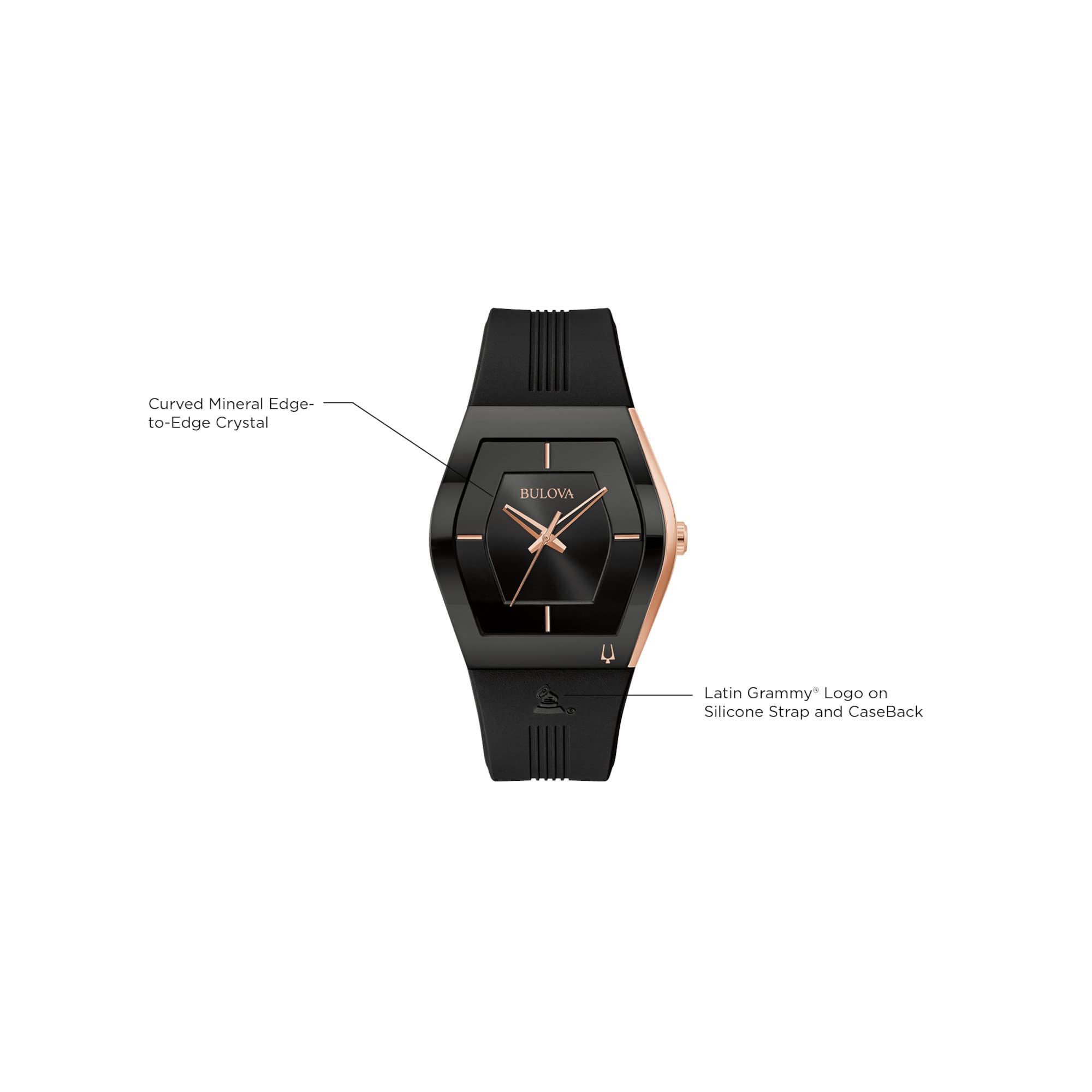 Bulova Latin Grammy Gemini Quartz Rose Gold Stainless Steel Accent with Curved Mineral Crystal and Black Silicone Strap Watch, Mens - Image 5